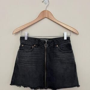 Free People Women's Black Faded Denim Skirt, zipper in front raw hem Size S